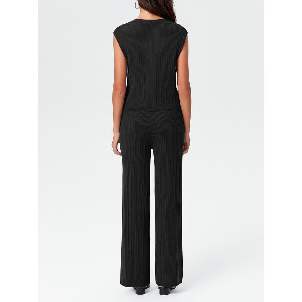 Imily Bela Women 2 Piece Ribbed Knit Top Wide Leg Pants Set Black S New - Picture 4 of 5